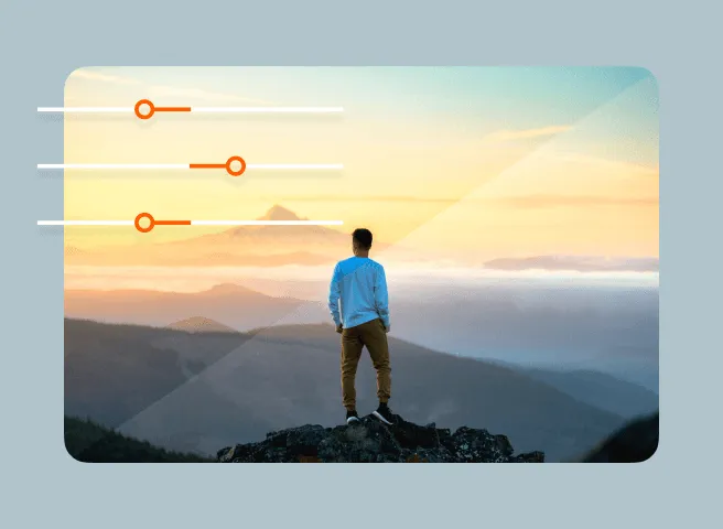 Photo editor adjustment panel with sliders for brightness, contrast, and saturation