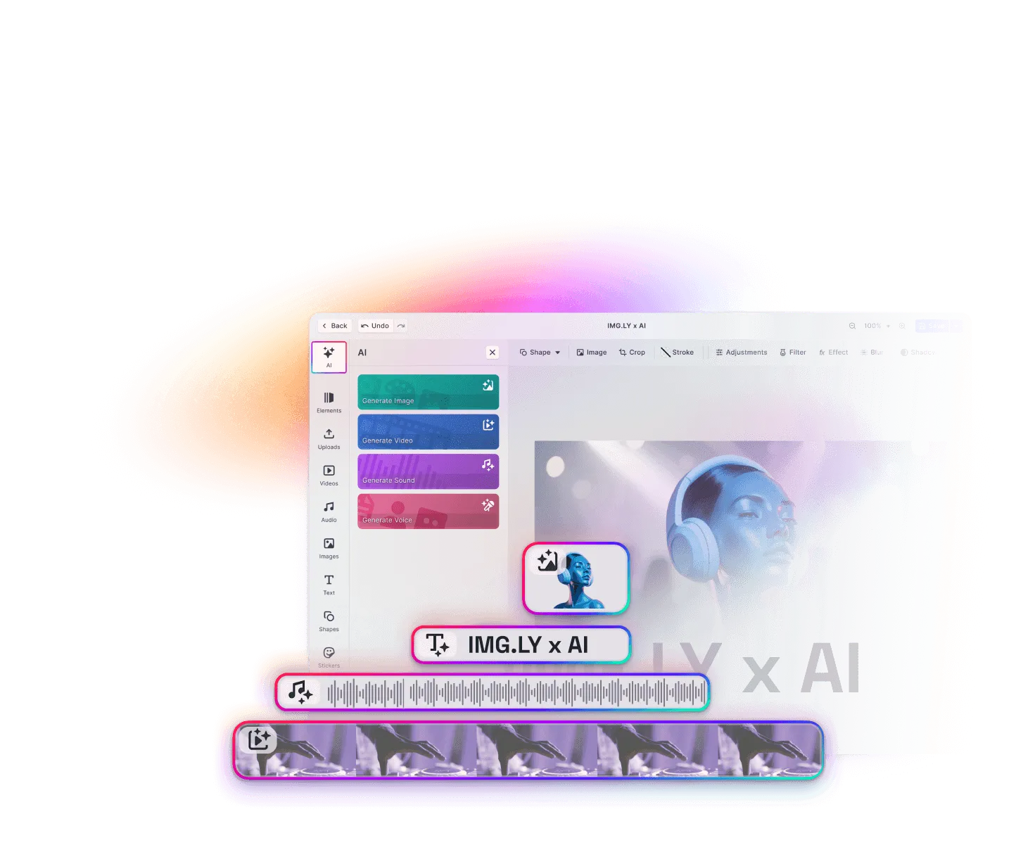 AI editor UI with generative image, video, and voice tools