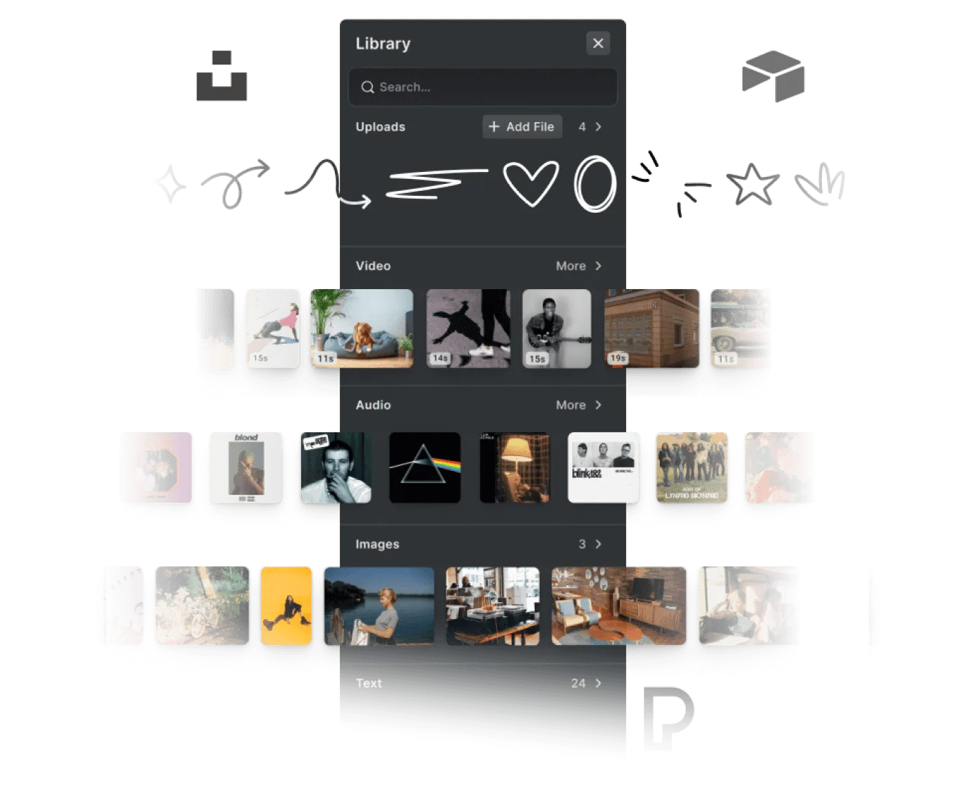 Custom asset libraries integrated with Getty Images, Unsplash, Airtable, and Pexels