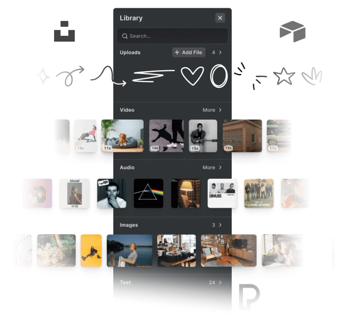 Asset library panel wiring branded templates, fonts, stock content, and audio sources into the editor