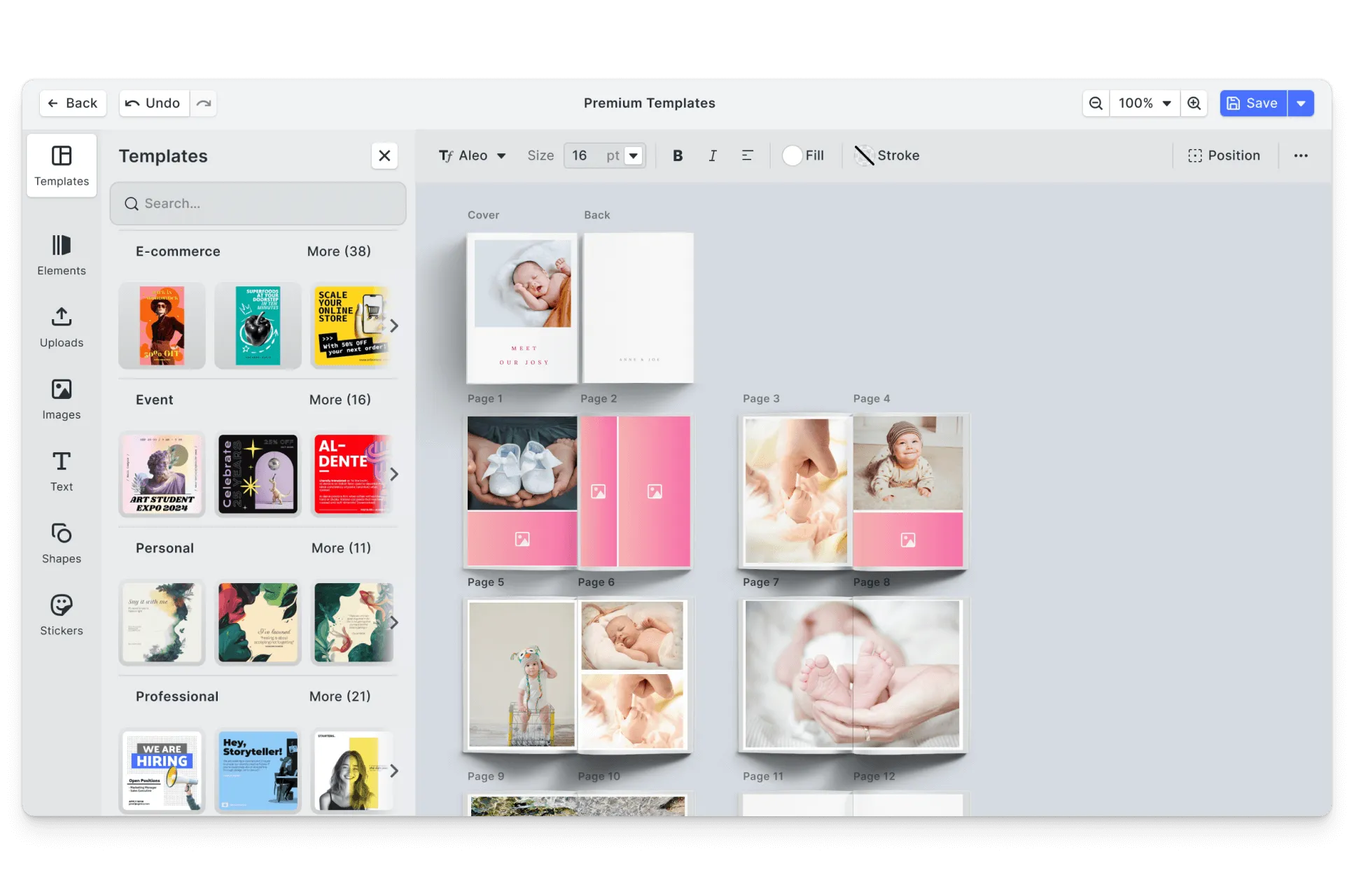 CE.SDK baby photo books editor showing first-year keepsake templates