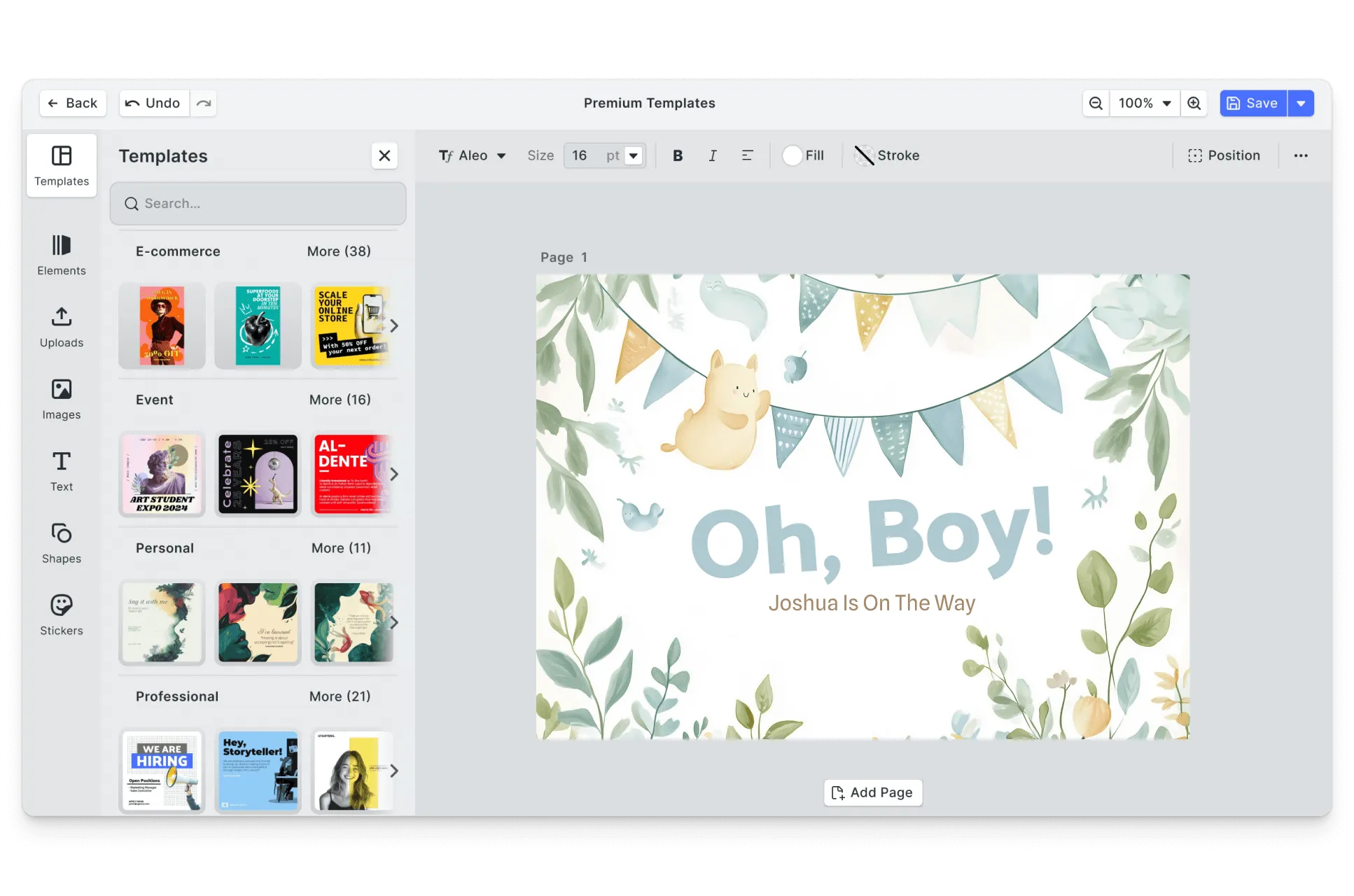 CE.SDK baby shower invitations editor showing template-based design
