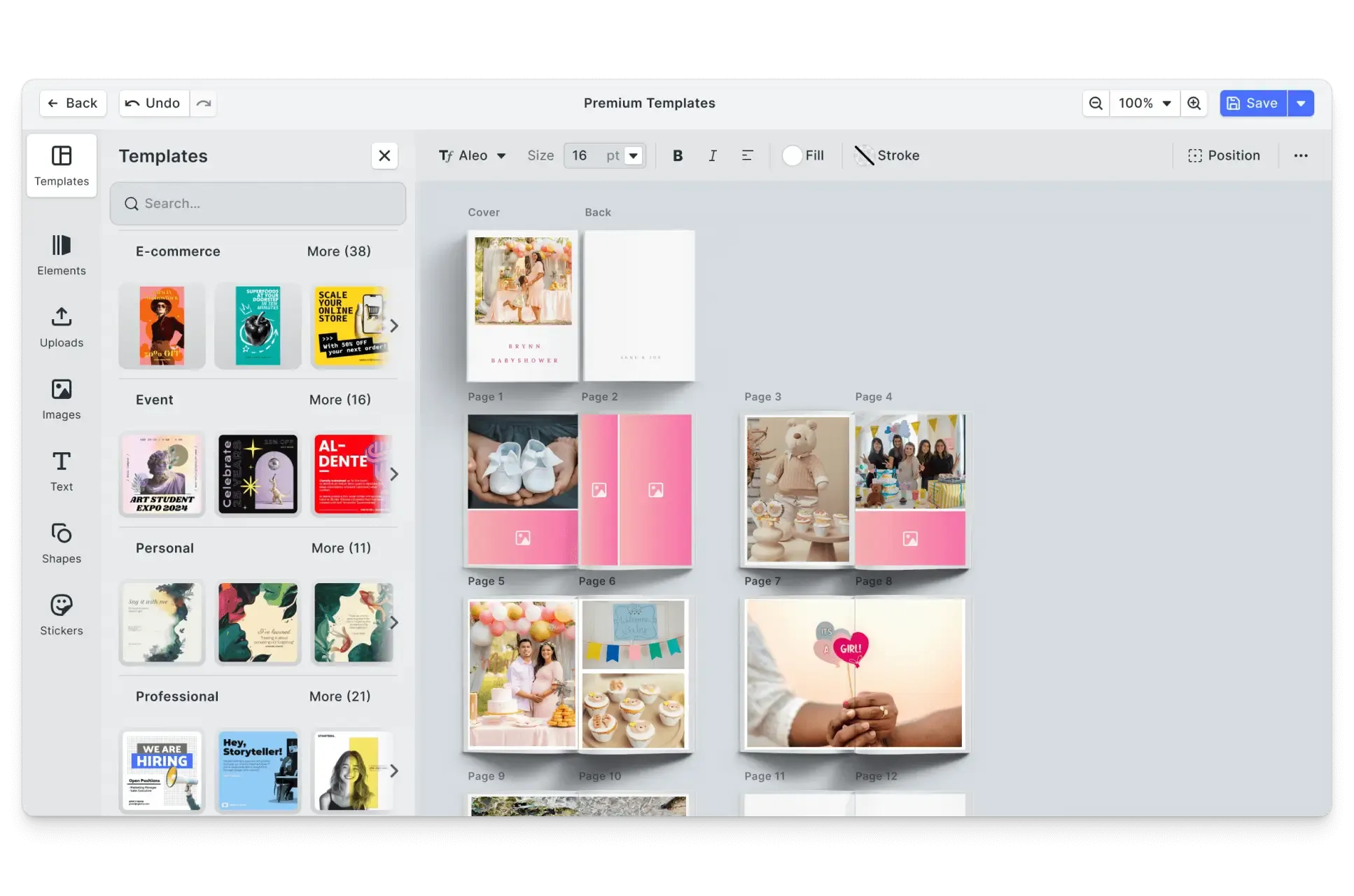 CE.SDK baby shower photo books editor showing soft, celebratory templates