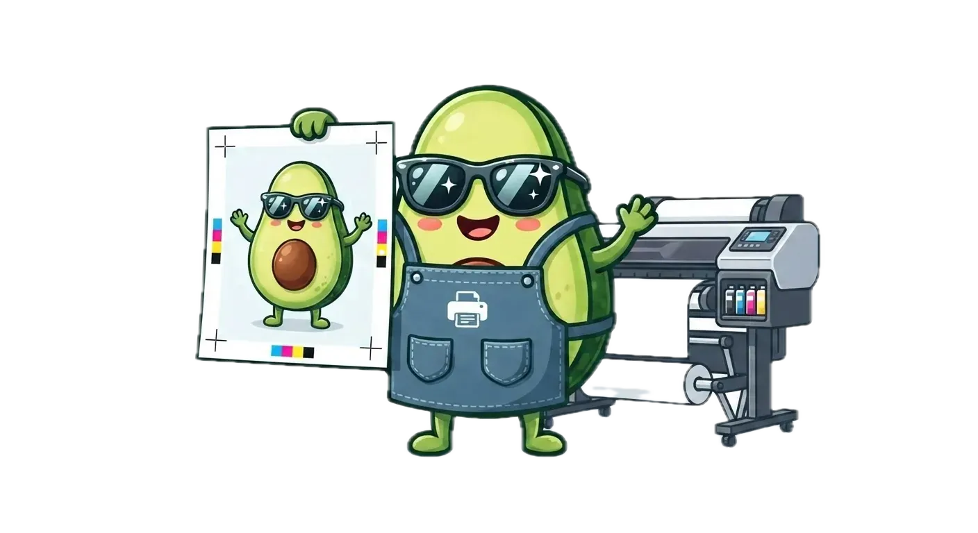 The benchmark avocado mascot as a print operator, holding a freshly printed poster of itself with crop marks and CMYK color bars