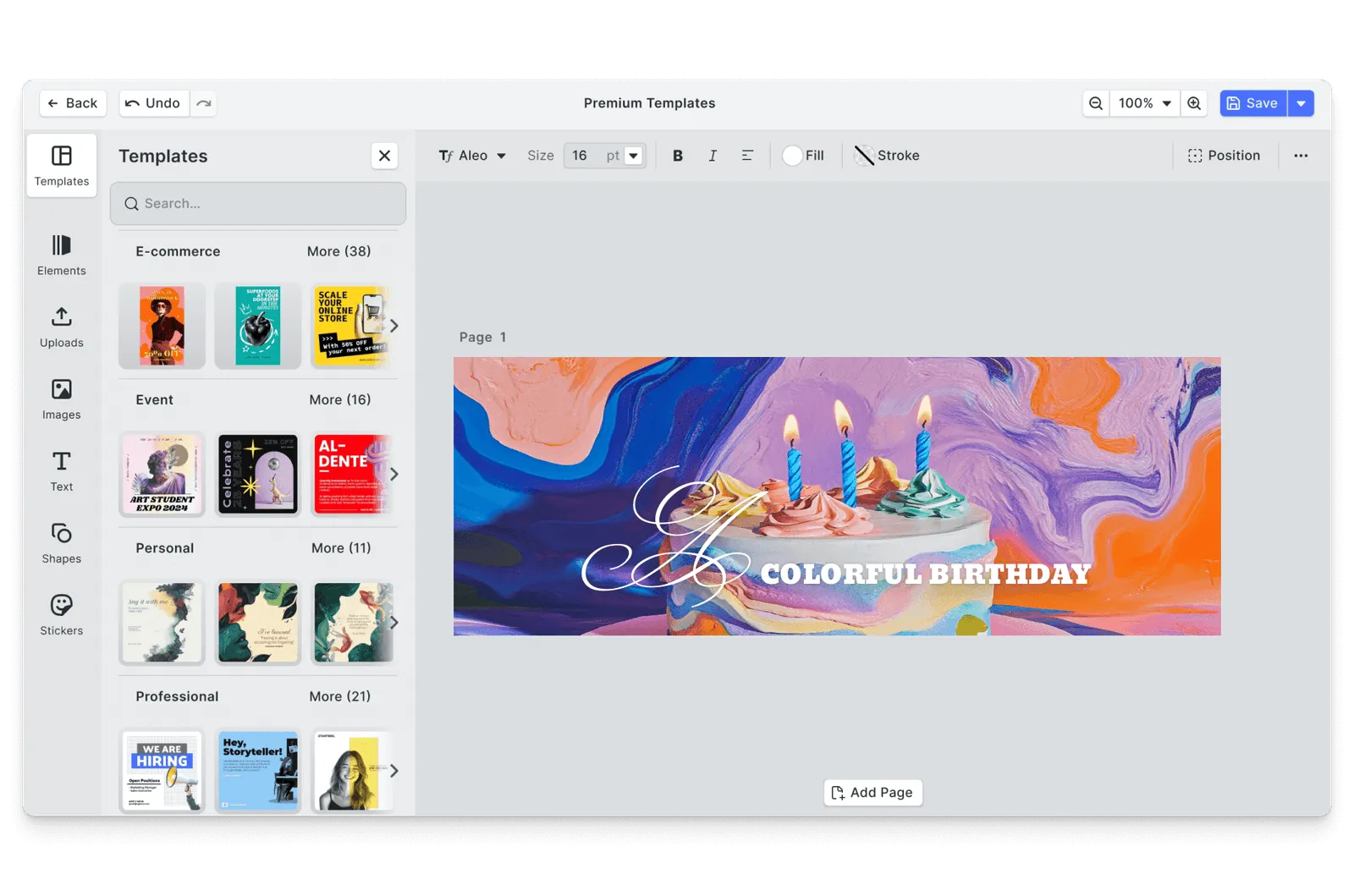 CE.SDK birthday banners editor showing celebration template-based design