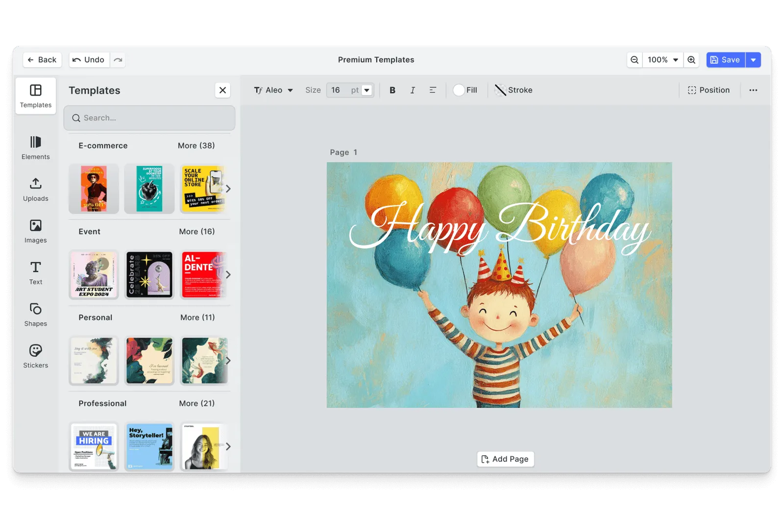 CE.SDK birthday postcards editor showing cheerful template-based design