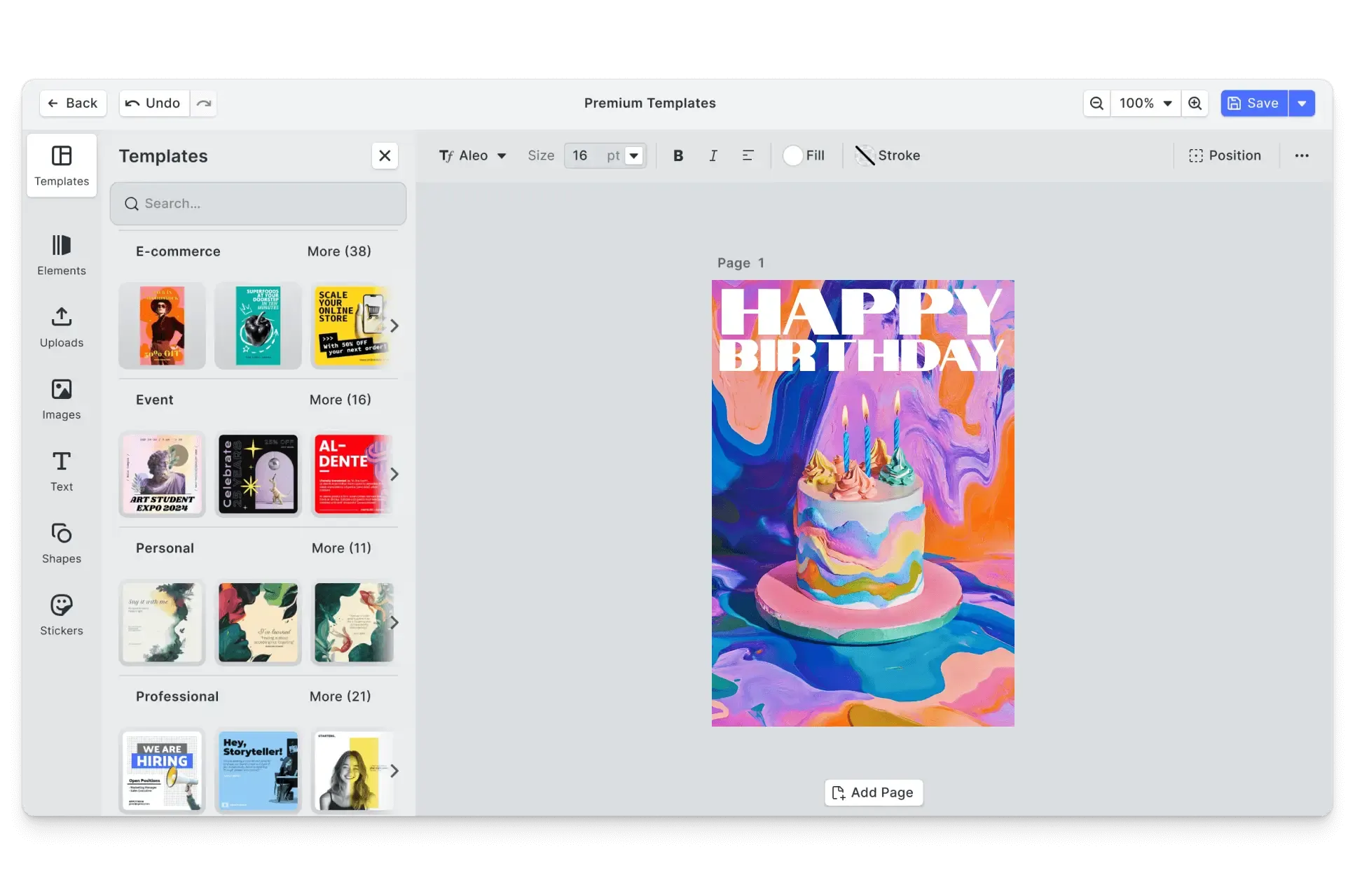 CE.SDK birthday posters editor showing bold, colorful templates