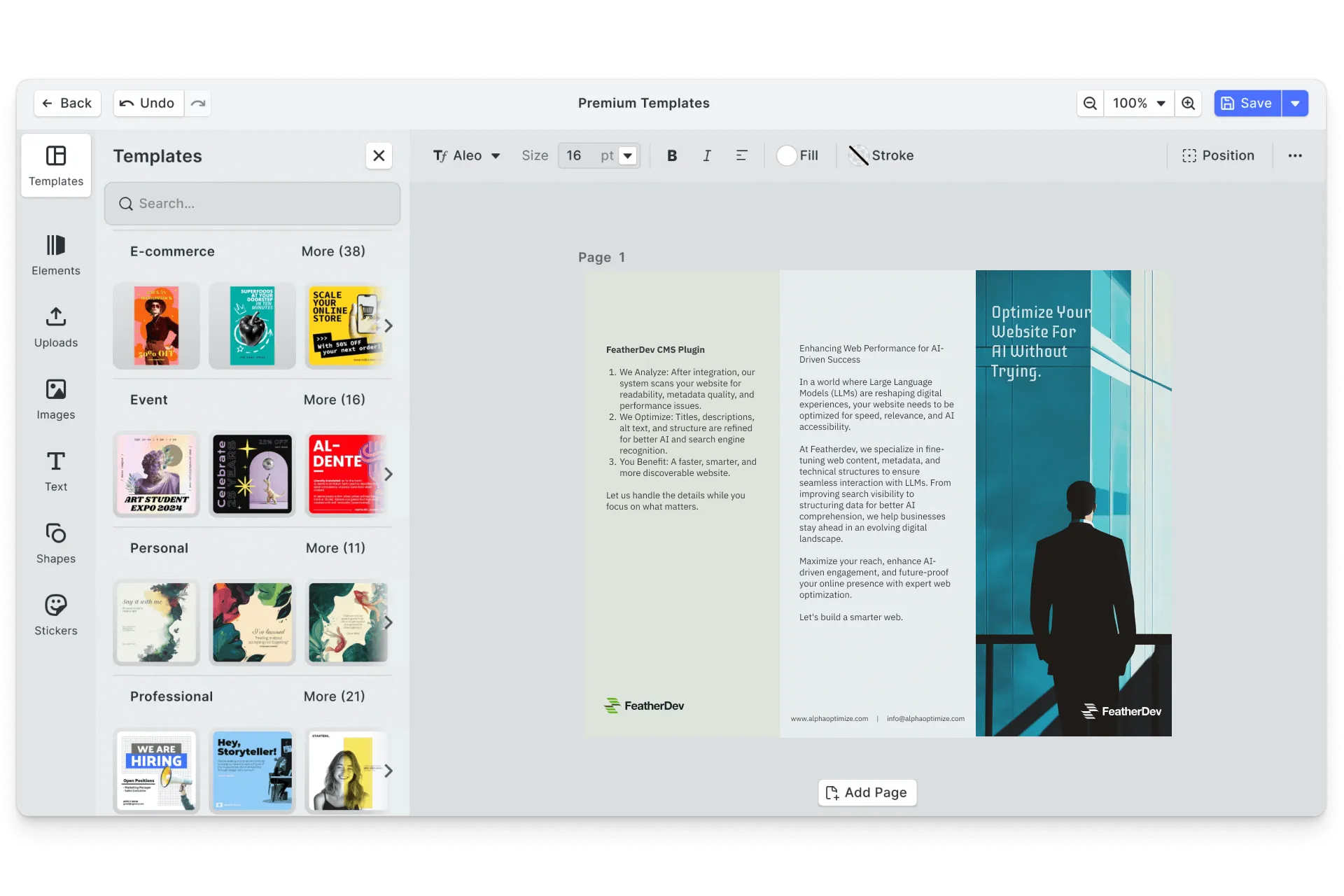 CE.SDK brochures editor showing template-based design