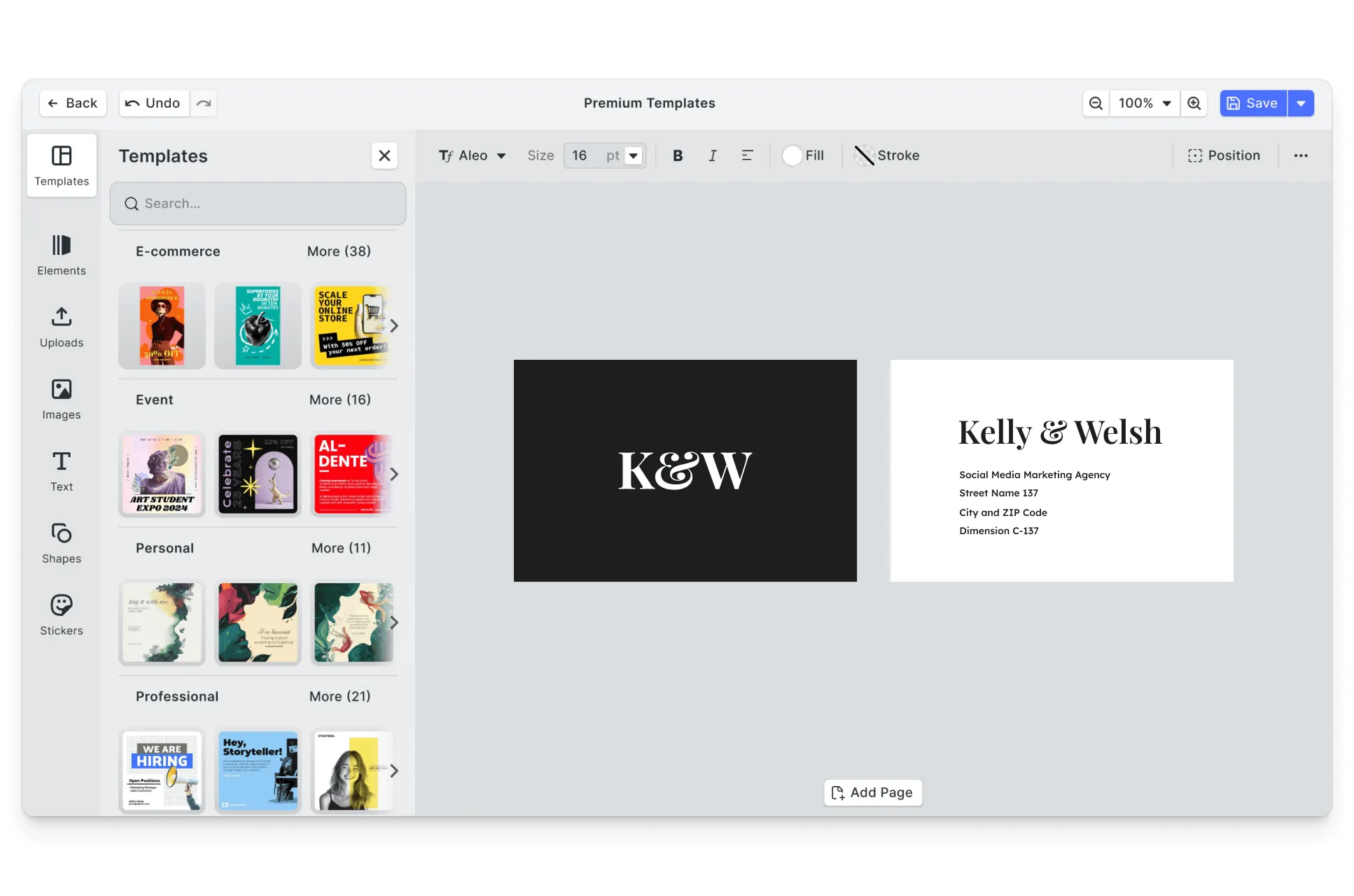 CE.SDK business cards editor showing template-based design