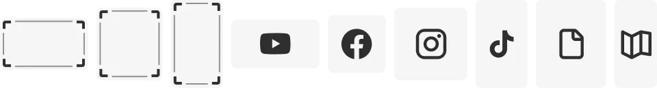 Aspect ratio presets showing landscape, square, and portrait frames with YouTube, Facebook, Instagram, and TikTok icons