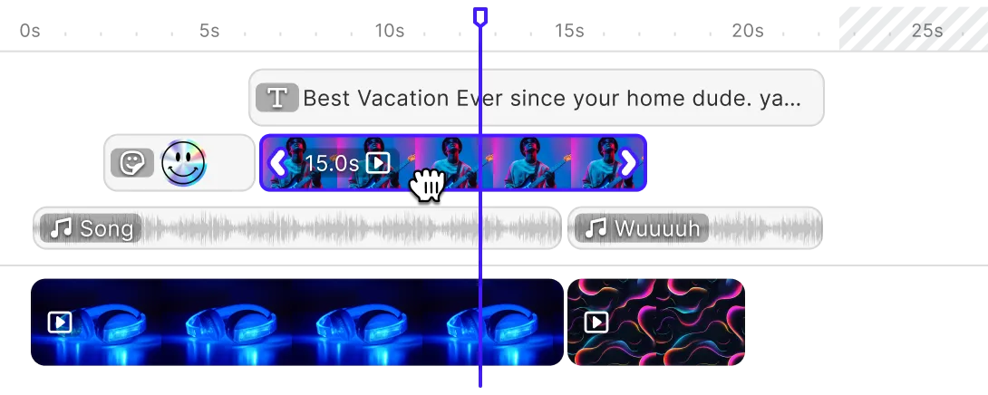 Timeline editing interface showing video clips, audio tracks, and text overlays