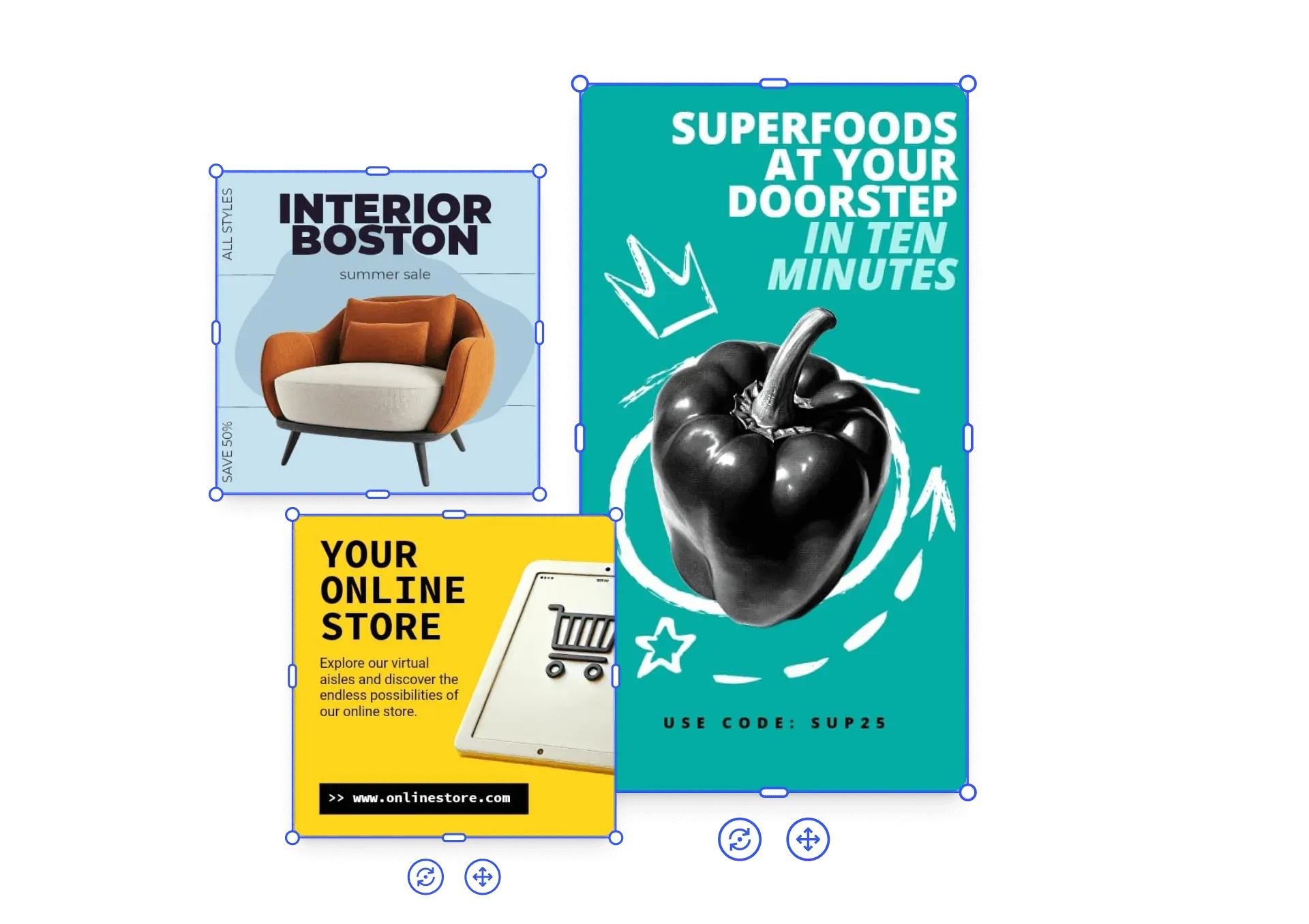 Overview of e-commerce templates spanning fashion lookbooks, promo banners, and product showcases
