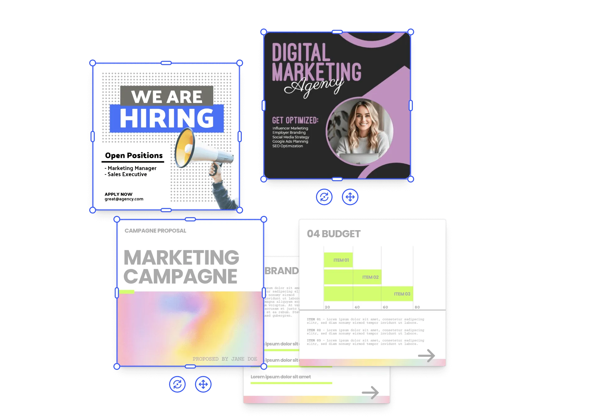 Overview of professional templates spanning hiring posts, pitch decks, guides, and white papers