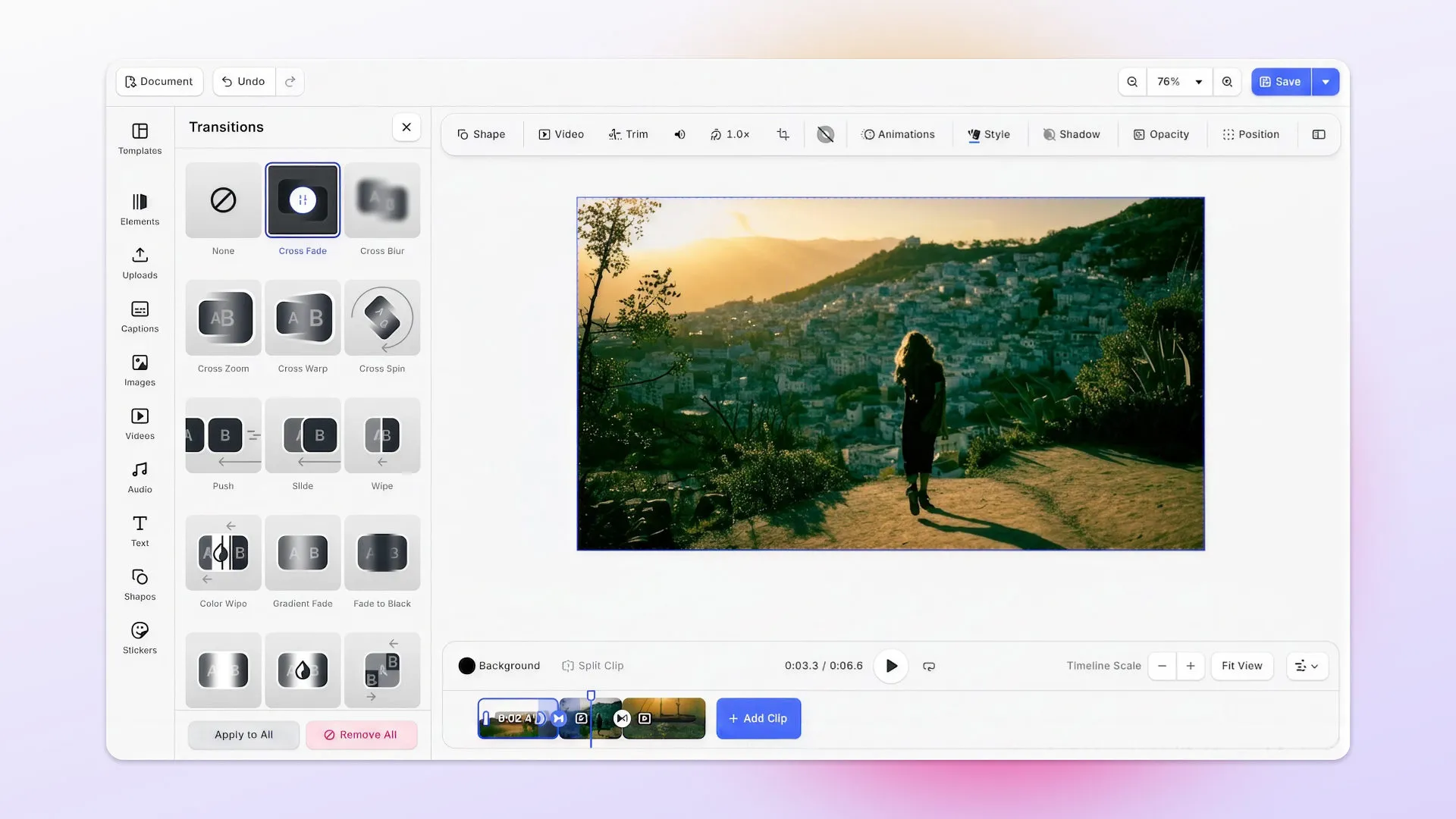 The CE.SDK web video editor's Transitions library with Cross Fade selected, applied between two clips on the timeline