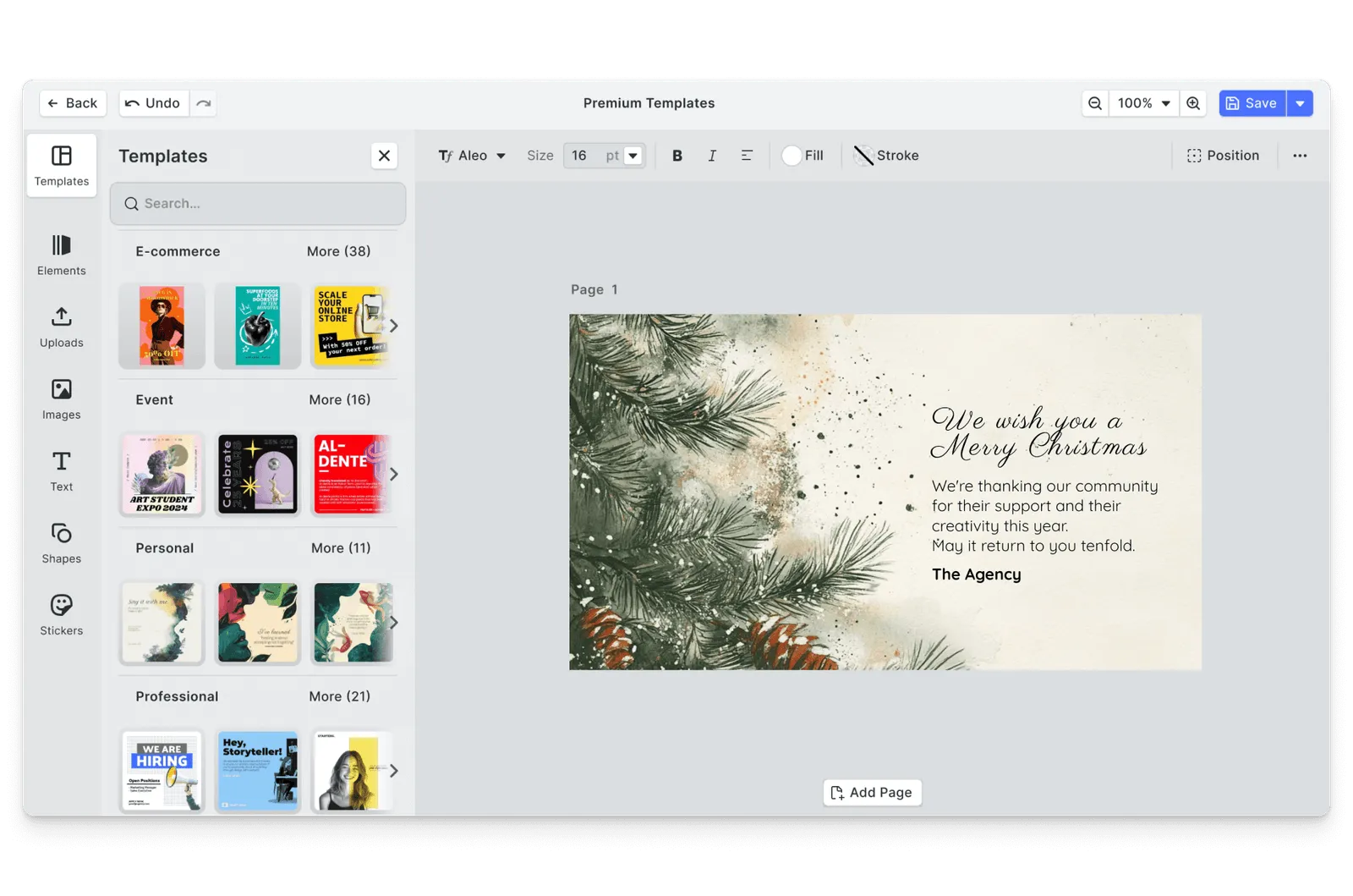 CE.SDK Christmas cards editor showing festive holiday template-based design