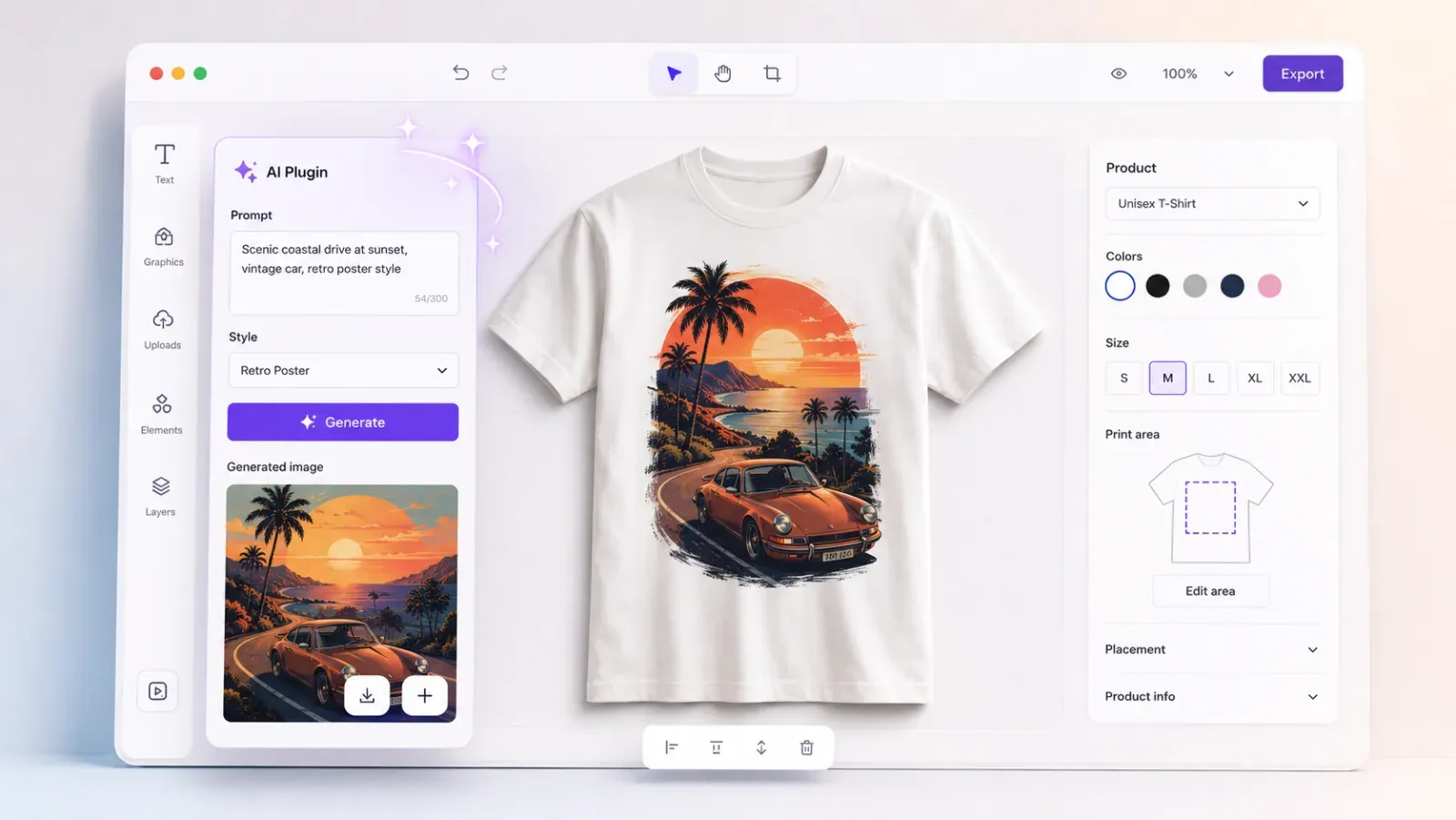 A print design editor with an AI plugin panel generating a retro sunset artwork from a prompt and placing it on a t-shirt mockup, with product, color, and size options alongside.