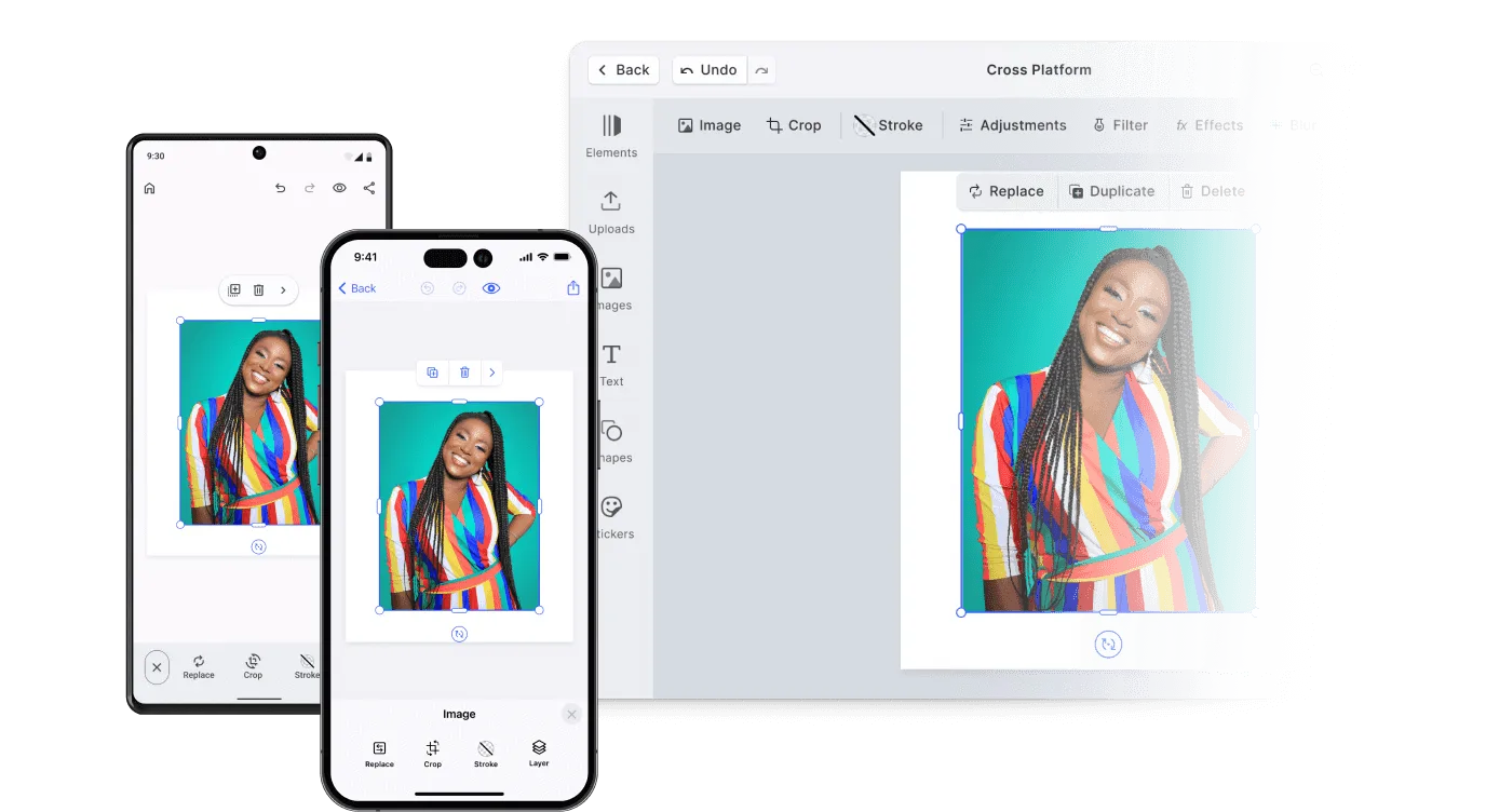 One photo editor rendered identically across web, iOS, and Android devices
