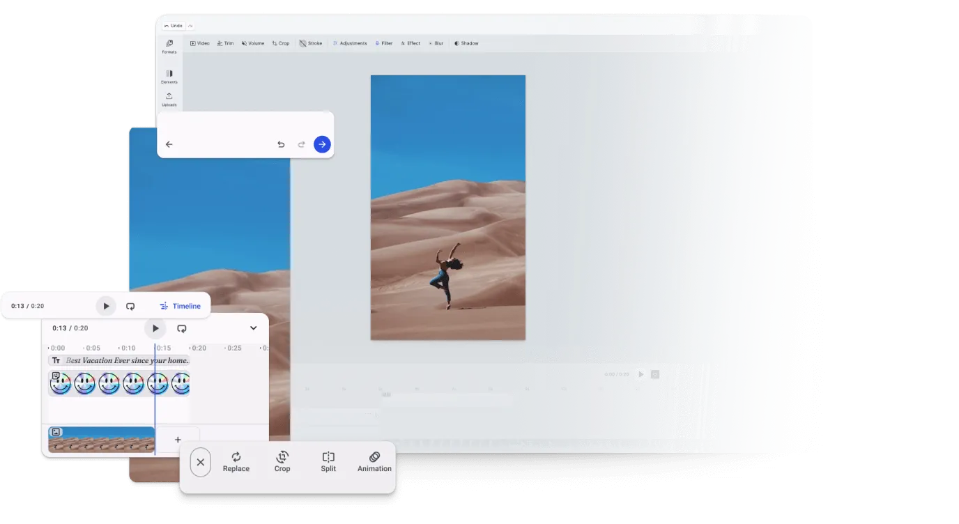 Video editor UI with brand-themed toolbar, custom tool selection, and localized labels