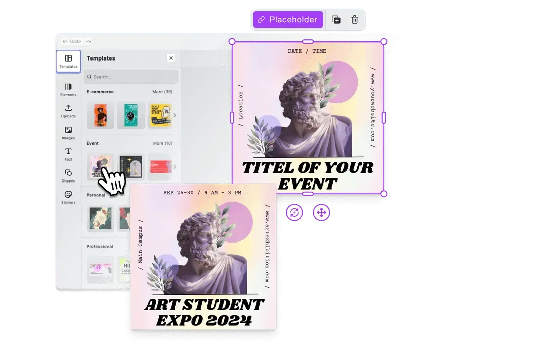 Design editor showing multi-page layout with layers, groups, alignment guides, and a template browser