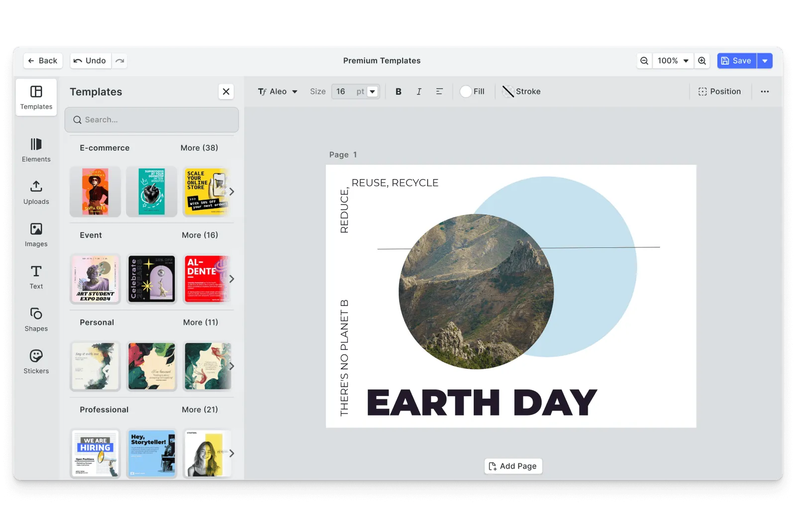 CE.SDK Earth Day posters editor showing sustainability-themed templates