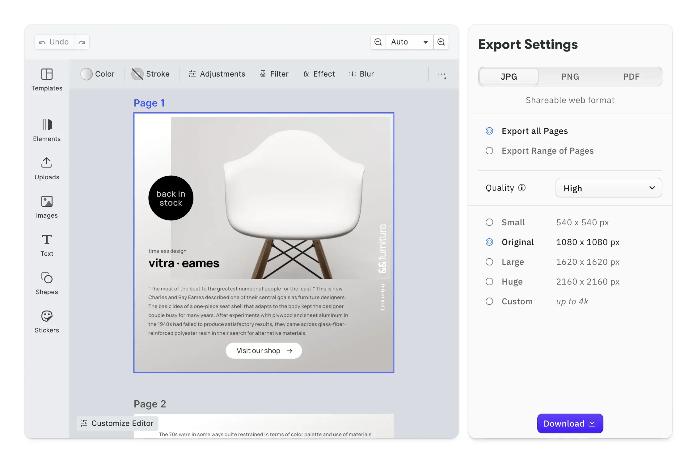 Export options dialog with format, quality, resolution, and color-space controls