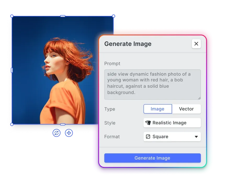 CE.SDK editor with an in-context AI generation panel placing an output directly onto the canvas