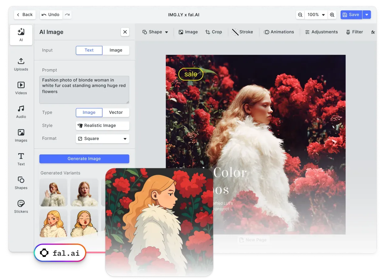 AI generative-media workflow combining fal.ai models with the IMG.LY creative editor