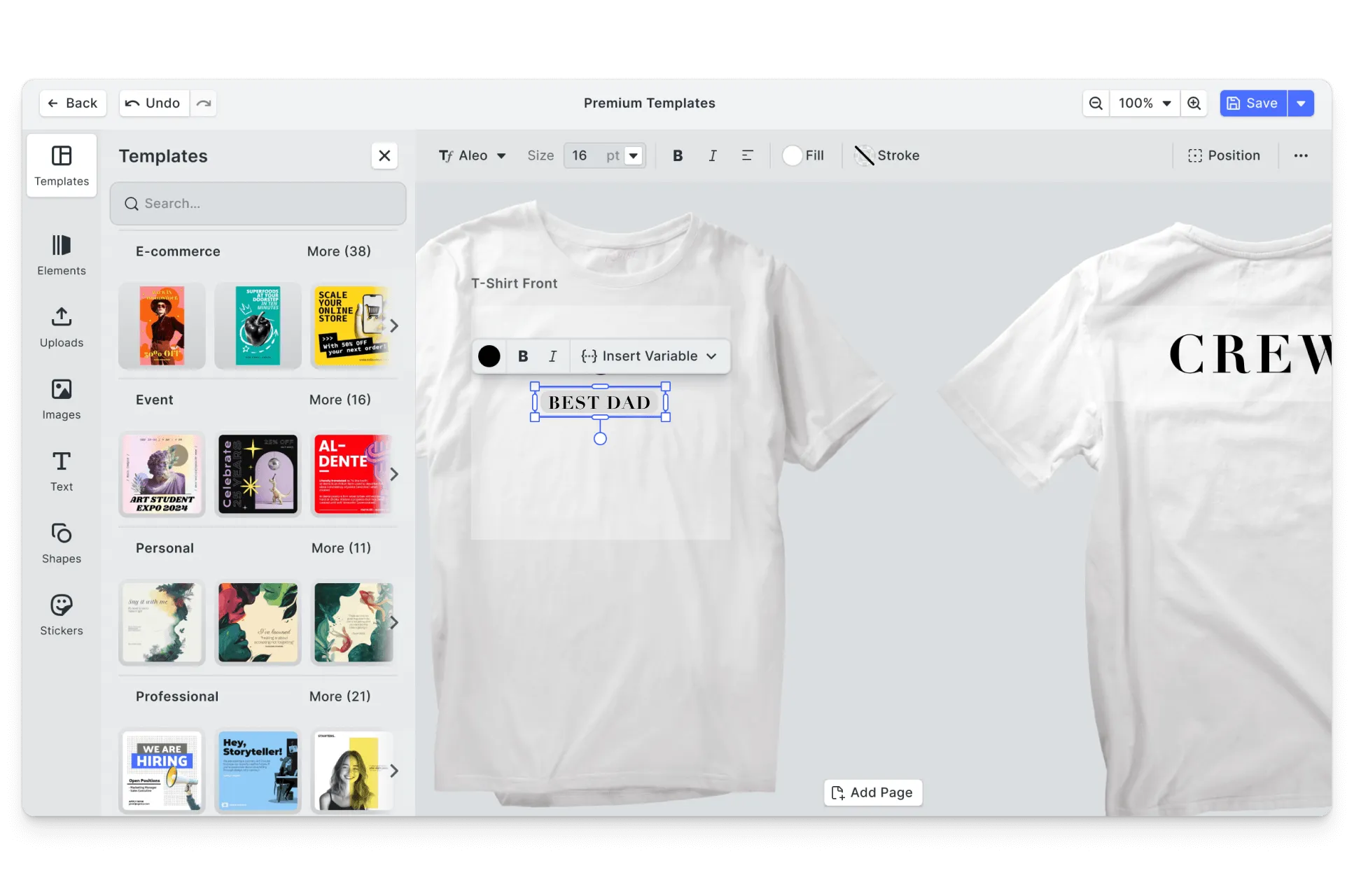 CE.SDK family reunion t-shirts editor showing personalized template-based design