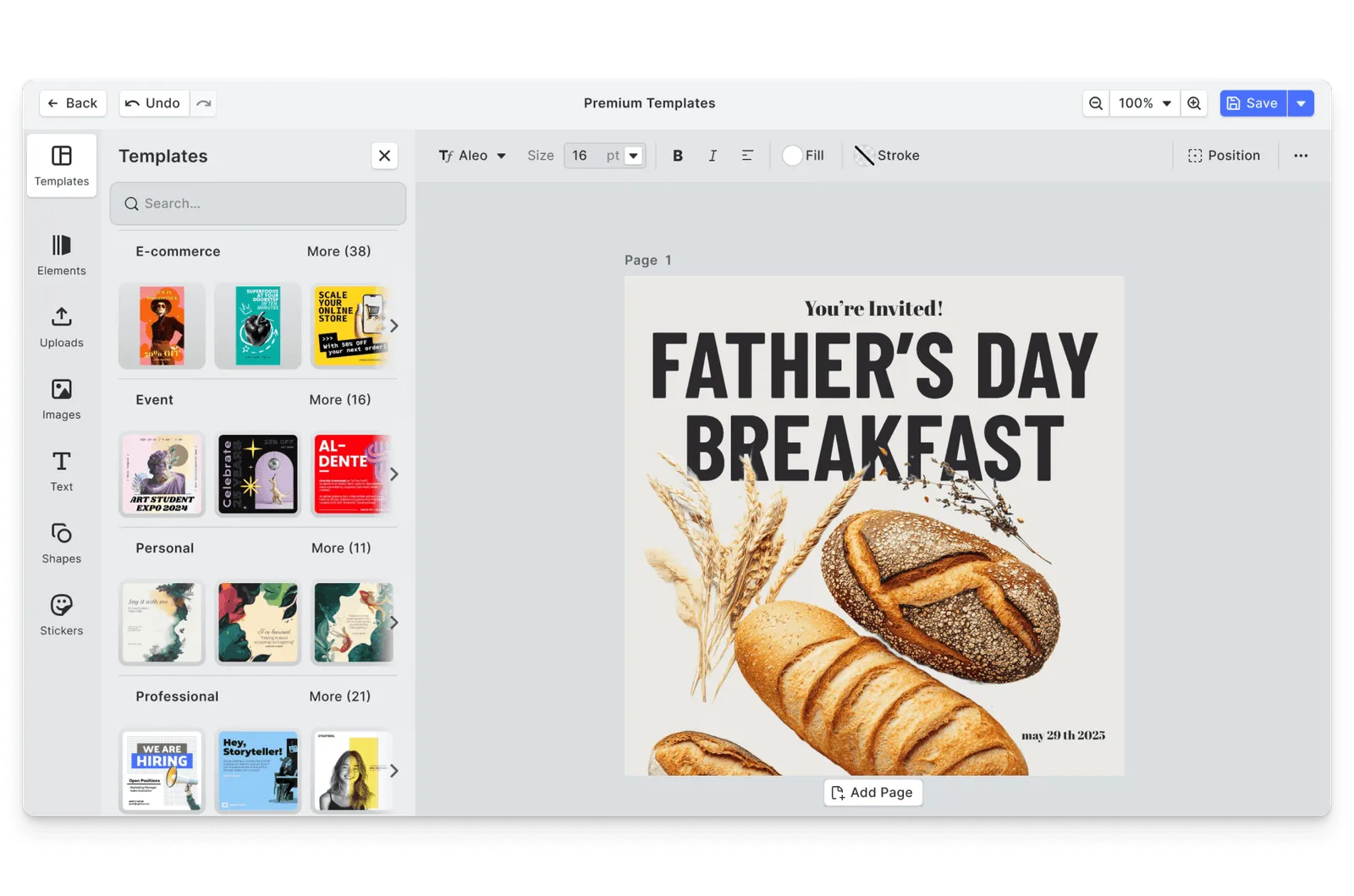 CE.SDK Father's Day invitations editor showing template-based design