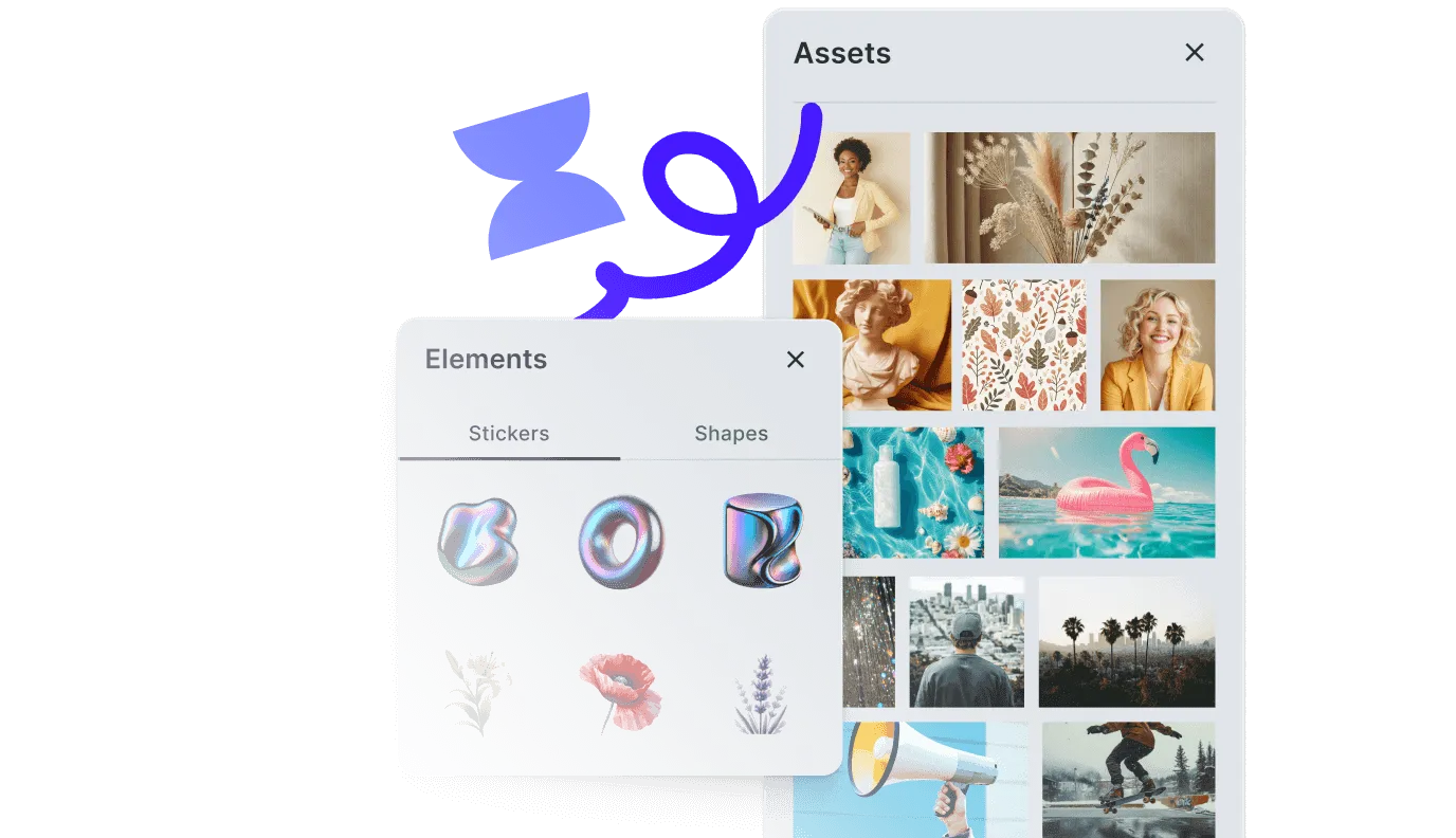CE.SDK editor browsing connected asset libraries — Getty Images, Unsplash, Pexels, Airtable — inline
