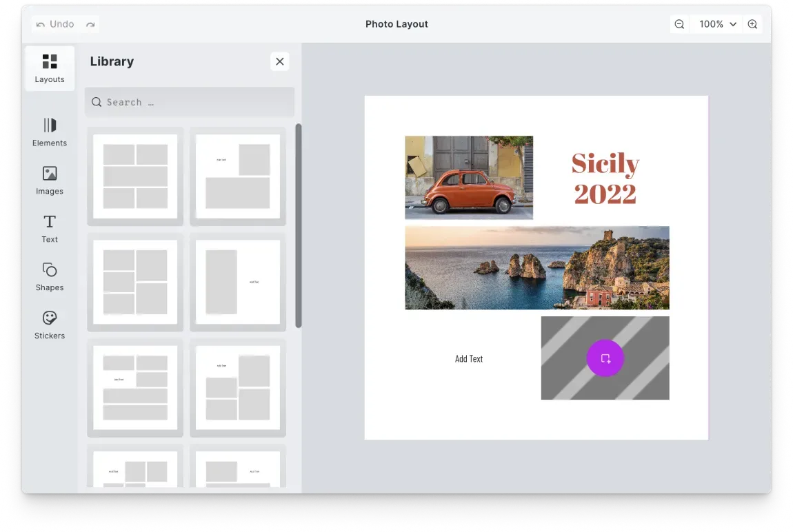 Collage editor UI configured for mobile and desktop, with brand-aligned theming