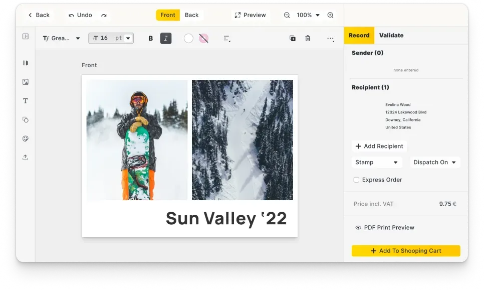 Postcard editor UI configured for personal and campaign use cases, with brand-aligned theming
