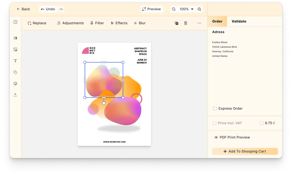Poster editor UI configured for events and campaigns, with brand-aligned theming