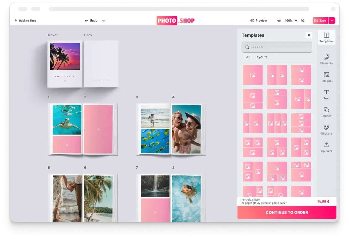 Photo book editor UI configured for memory albums and event books, with brand-aligned theming