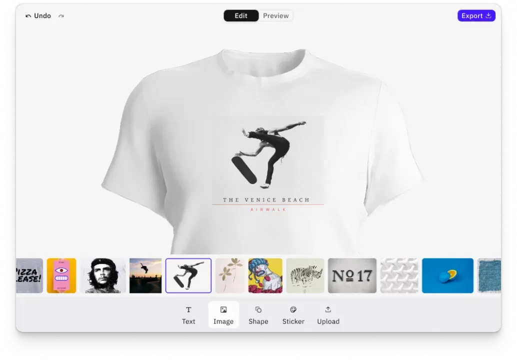 Apparel editor UI configured for t-shirt customization, with print-zone overlays and per-product toolbars