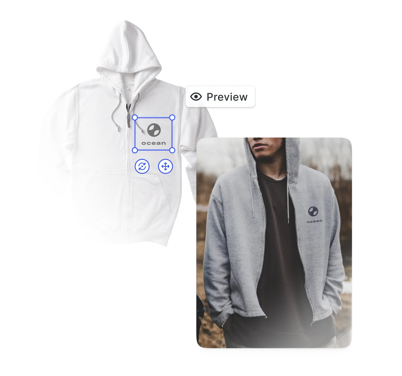 Real-time 3D product mockup matching the finished print