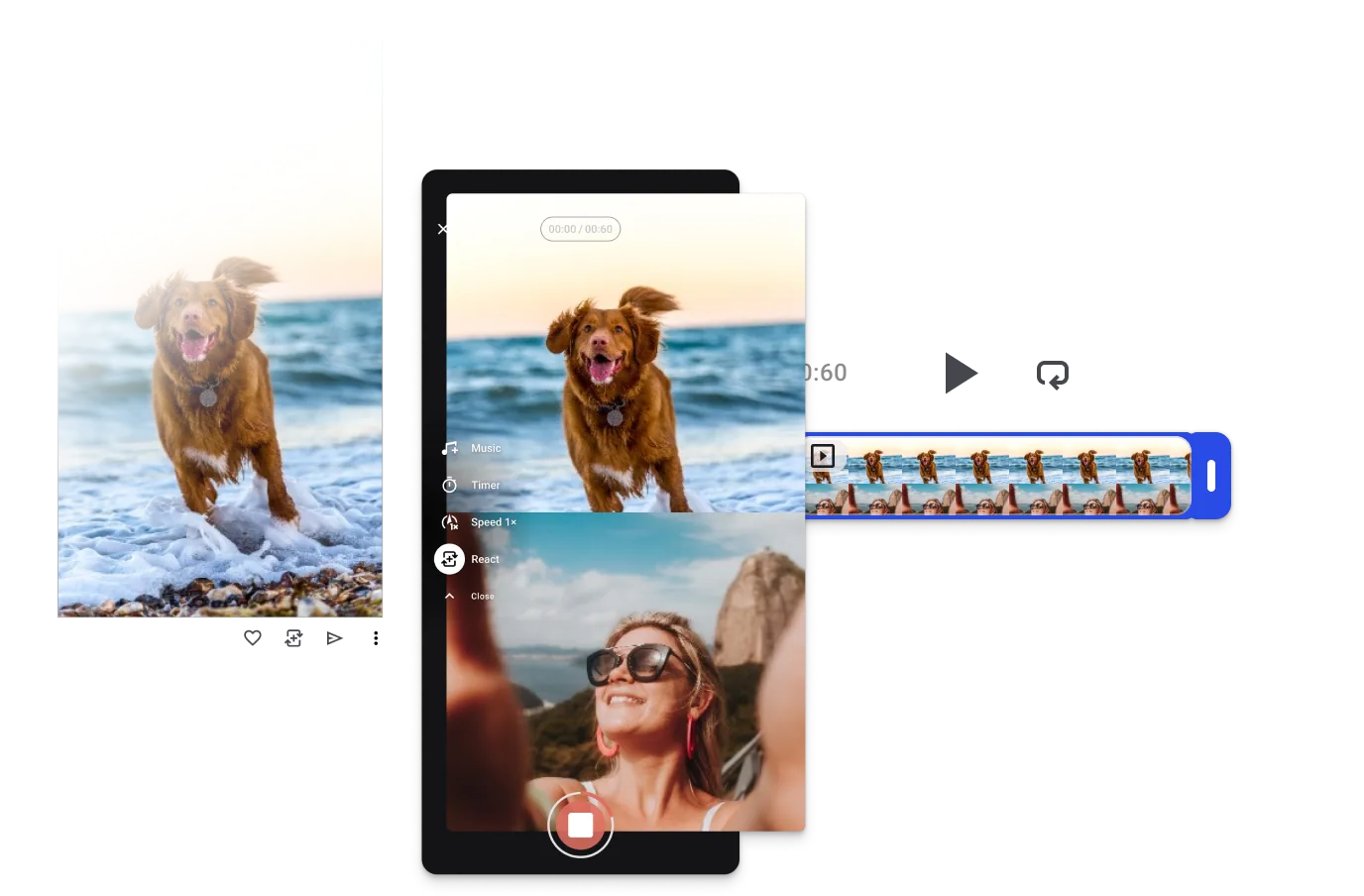 Mobile recording UI with front/back camera toggle, speed dial, countdown timer, and multi-clip strip