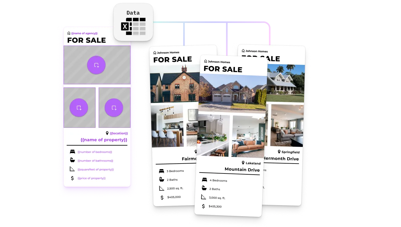Smart template with locked brand elements and clearly tagged variable fields for text, images, and colours