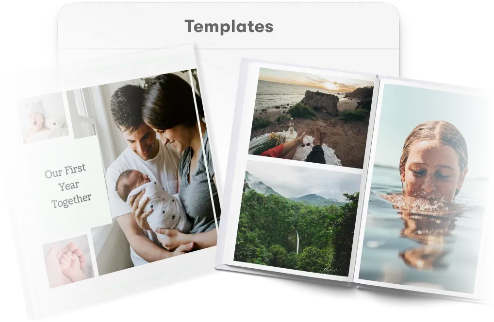 Smart photo book templates for travel, family, and wedding albums with auto-fill placeholders