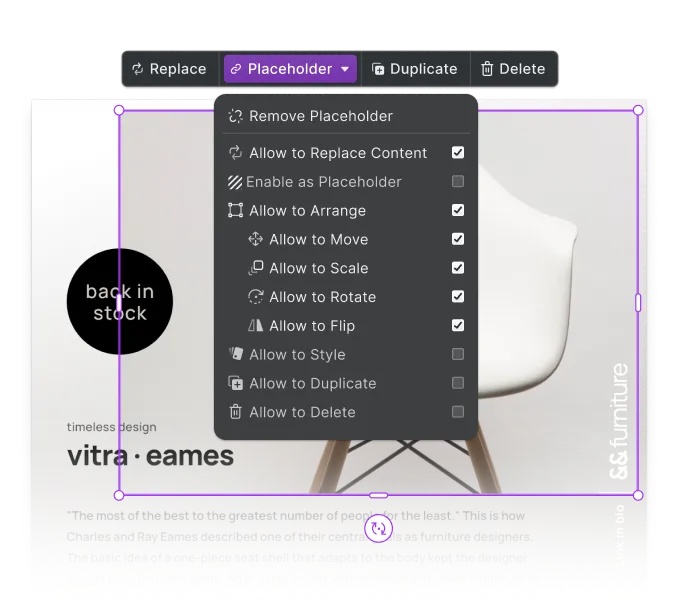 Lockable structural elements with editable placeholders