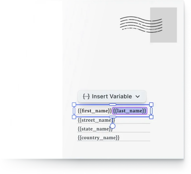 Variable data generating personalized postcard variations from one approved campaign template