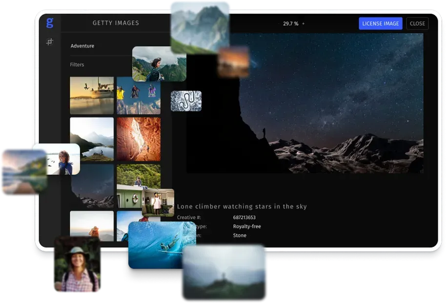 Getty Images stock library integrated into the IMG.LY editor for direct search and licensing
