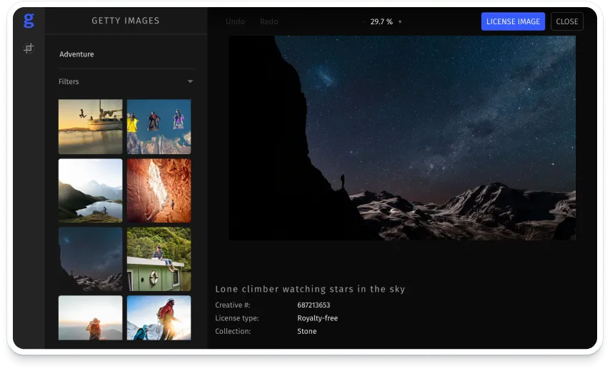 Explore the user-friendly interface of the Getty Images Library SDK editor, designed to seamlessly integrate image searching, licensing, and editing into your application.