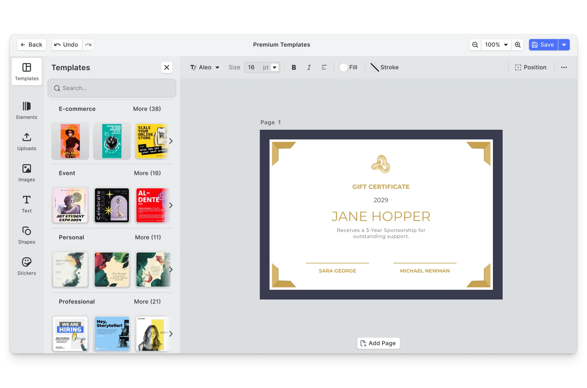 CE.SDK gift certificates editor showing template-based design