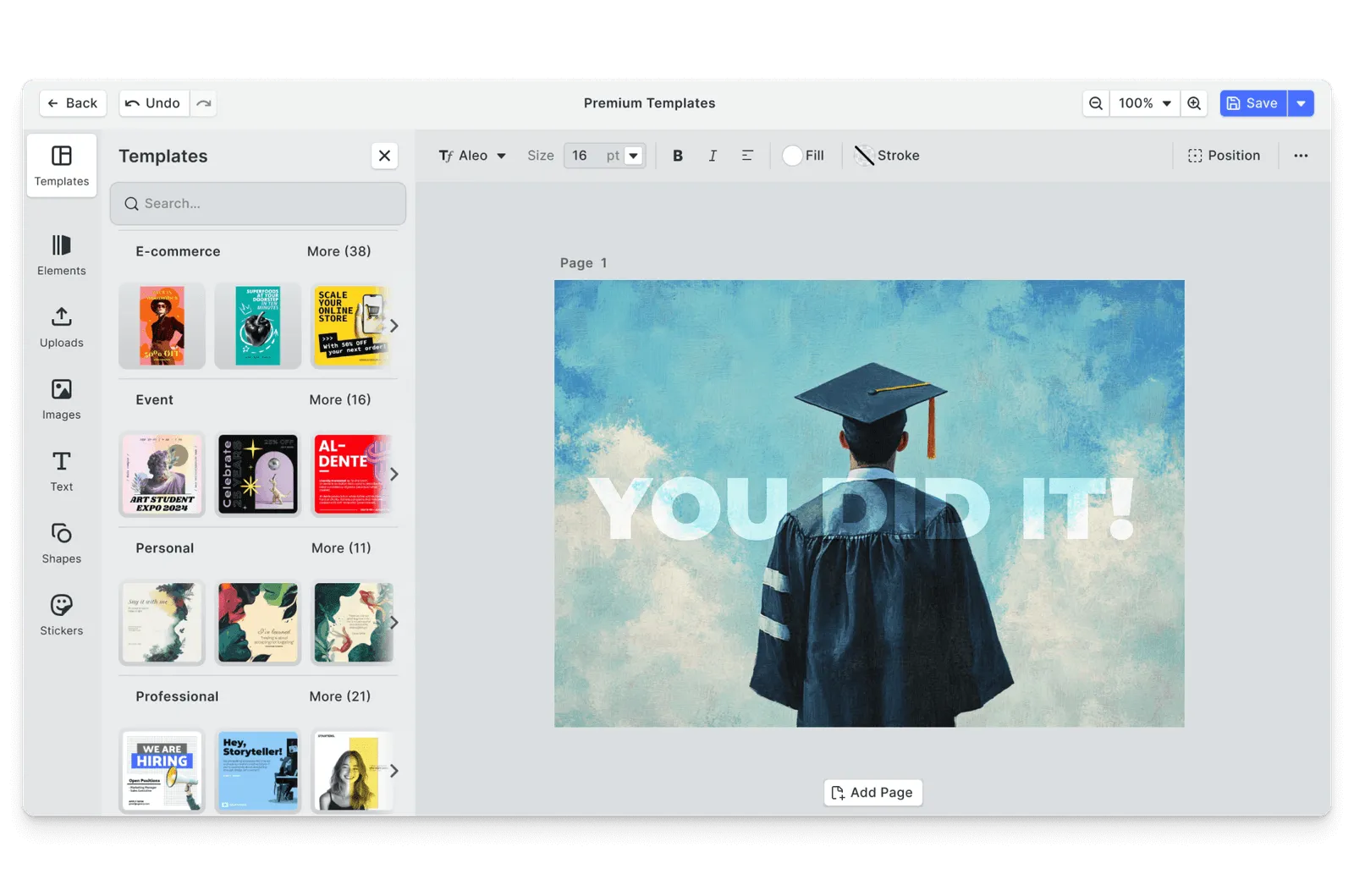 CE.SDK graduation cards editor showing milestone template-based design