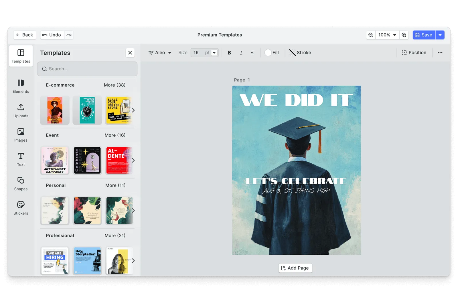 CE.SDK graduation flyers editor showing template-based design