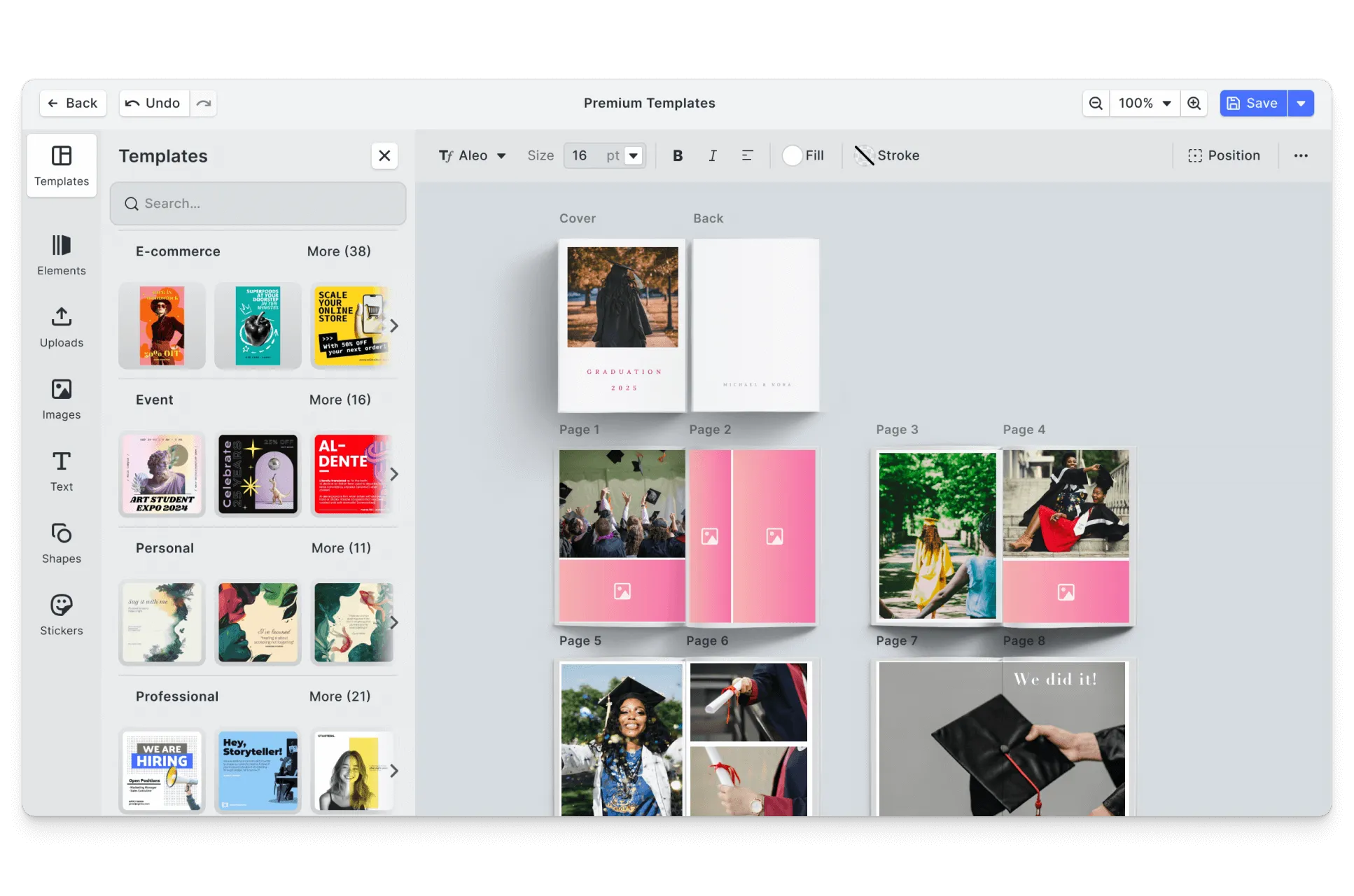 CE.SDK graduation photo books editor showing milestone-ready templates