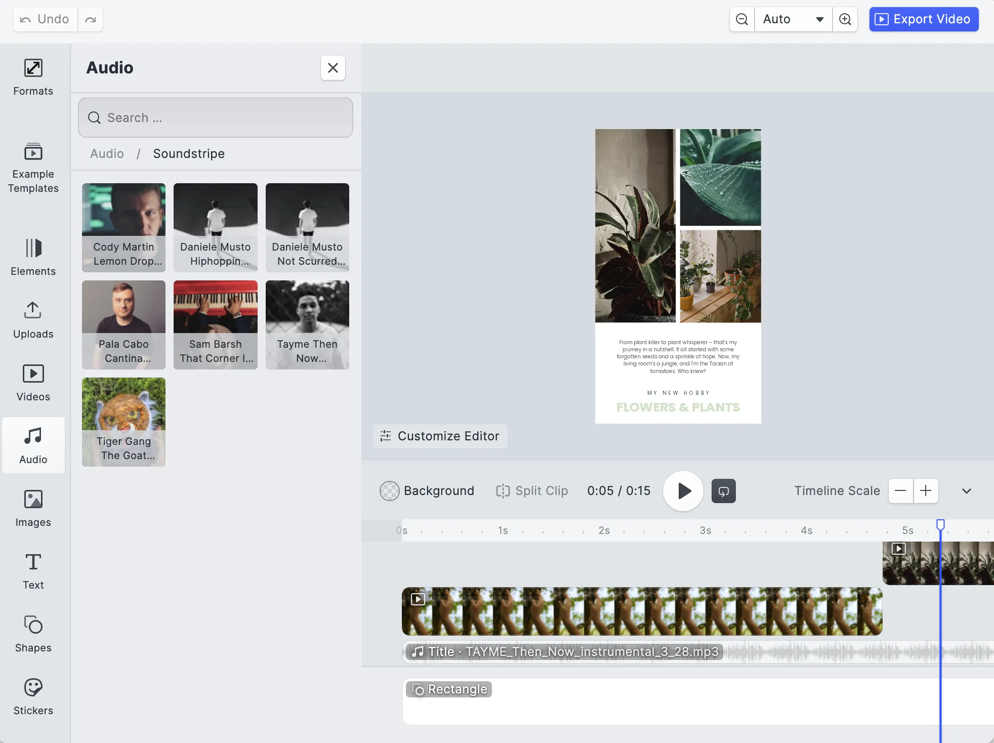 Refine designs in our Showcase by customizing templates: adjust filters, swap visuals or audio, including integration with Soundstripe for premium stock audio.