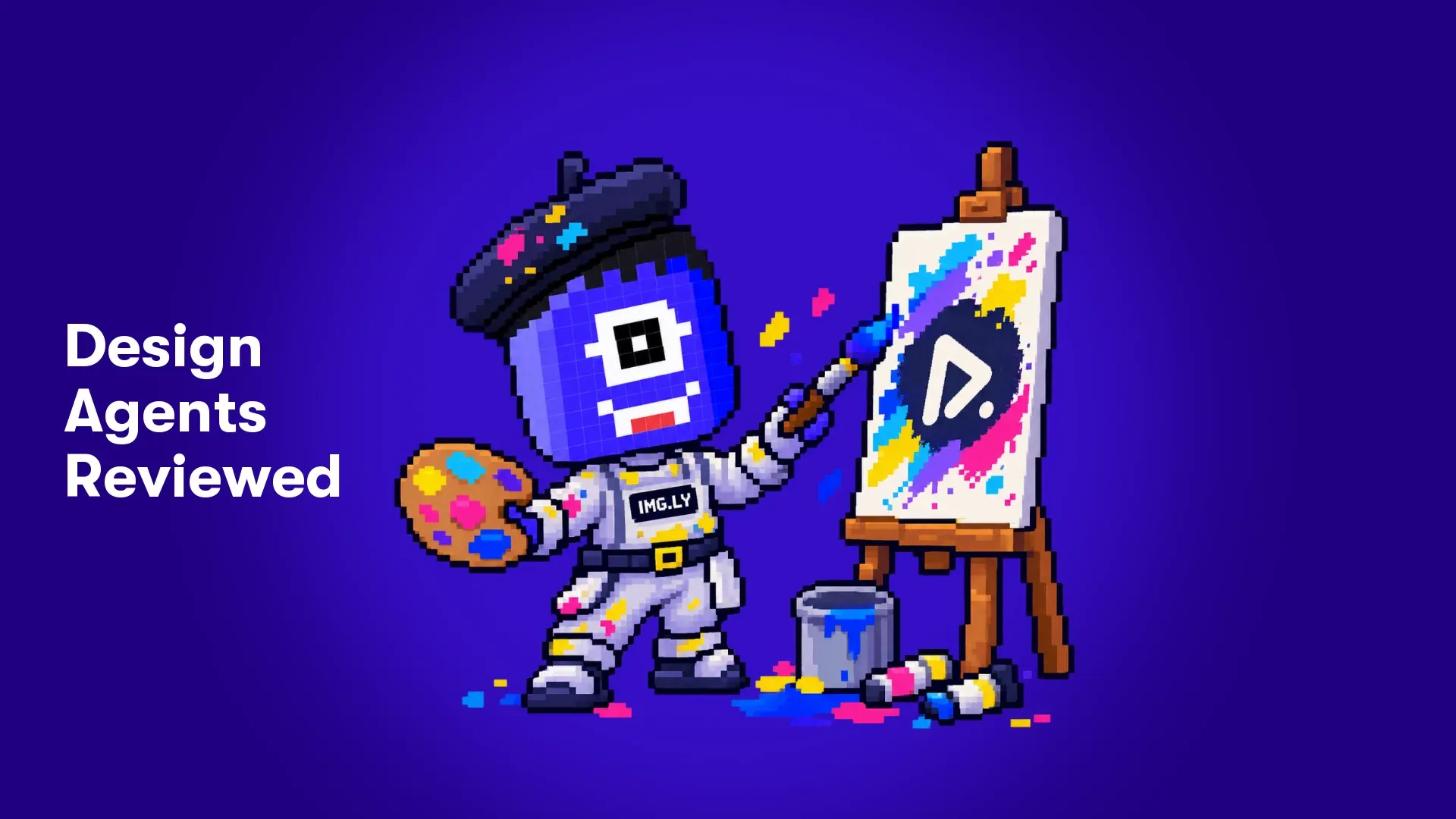 The IMG.LY pixel-art mascot in a paint-flecked beret, palette in hand, painting the IMG.LY logo onto a canvas on an easel