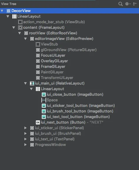 The view hierarchy. The user facing controls are on the bottom, the root window is on the top.